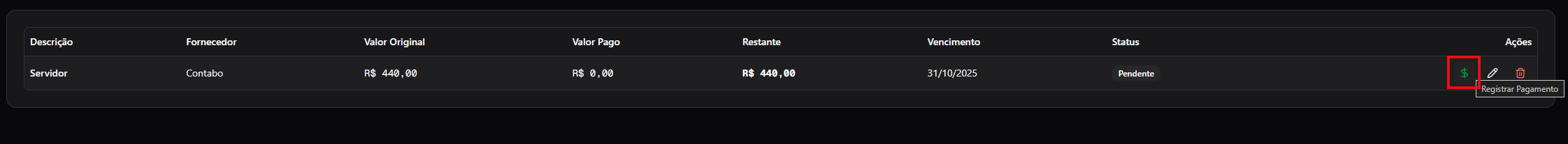 Tela de Registro de Pagamento